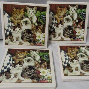 Lot of 4 Whimsical Cat Kitten Ceramic Drink Coasters